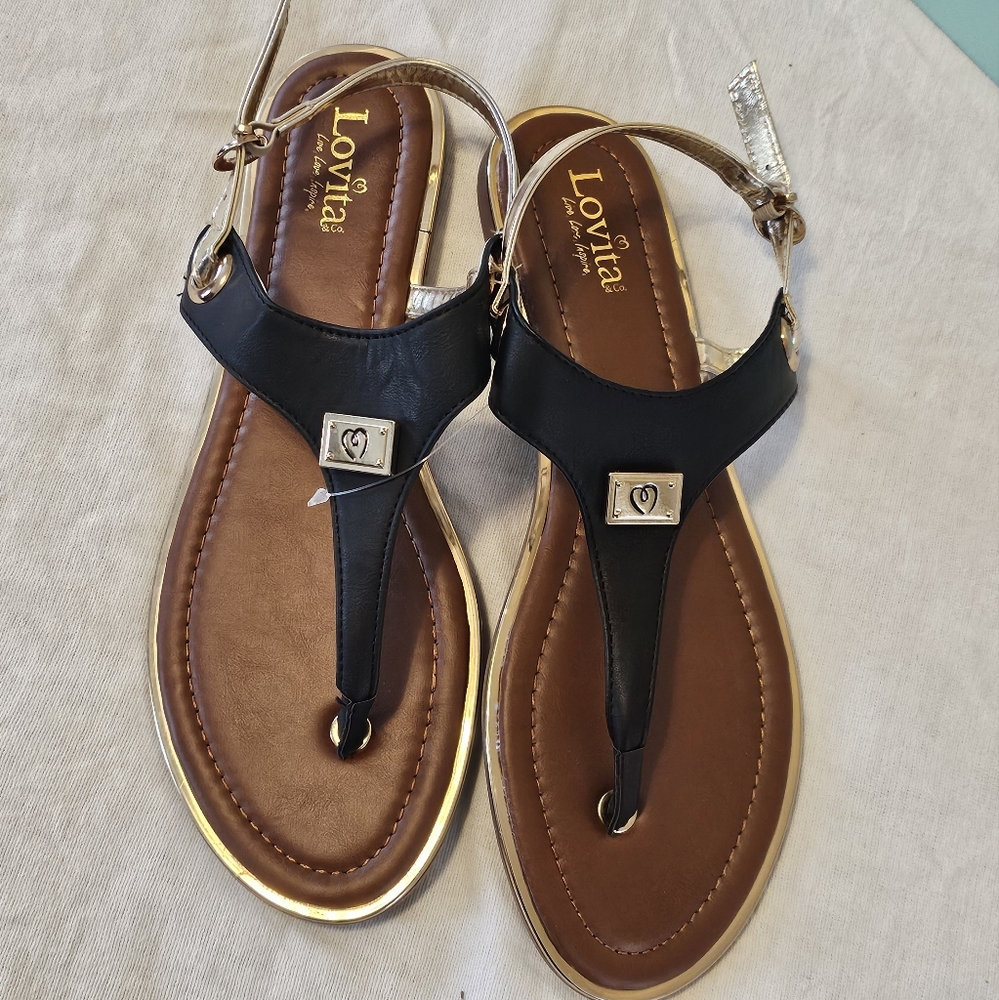 New in Box Lovita Women's 10 Sandals Thong Black Gold Summer Metallic